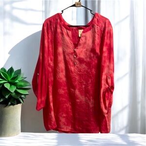 Women's Red Tie Dye Long Sleeve Three Button Top Shirt Blouse 4X
